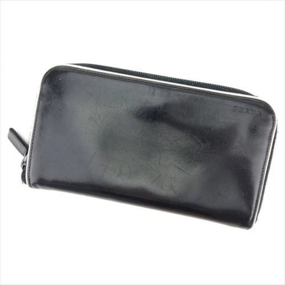 Prada Wallet Purse Logo Black White Calf leather Woman Authentic Used D2016